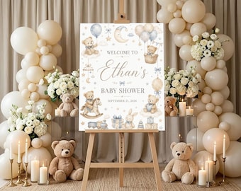 Personalized Baby Shower Canvas Sign, Neutral Color Teddy Bear Nursery Wall Art, Custom Baby Name Poster, Birthday & Baby Celebration Decor