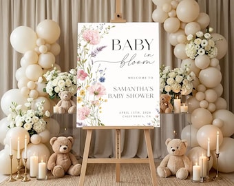 Baby in Bloom Welcome Sign, Personalized Baby Shower Poster, Neutral Floral Party Board, Custom Botanical Shower Decor, Teddy Bear Entrance