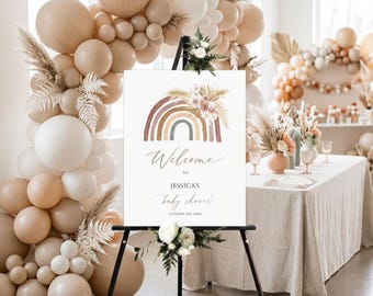Boho Rainbow Baby Shower Welcome Sign Neutral, Rainbow Baby Shower Sign, Personalized Baby Shower Sign, Earth Tone Baby Shower Decor,