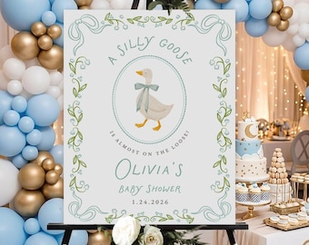 Personalized Baby Shower Welcome Sign, A Silly Goose Theme, Custom Name Party Board, Pastel Blue and White Baby Celebration, Photo Backdrop