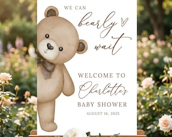 Charlotte’s Baby Shower Welcome Sign, Neutral Teddy Bear Baby Shower Decor, Personalized Custom Baby Shower Party Sign, Nursery Decor