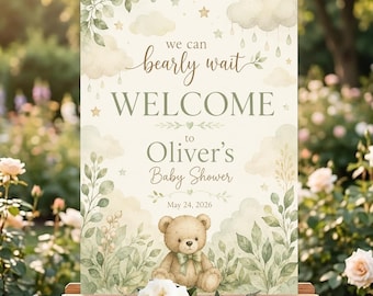 Baby Shower Welcome Sign, We Can Bearly Wait Sign, Teddy Bear Baby Shower Poster, Greenery Baby Shower Decor, Woodland Bear Sign