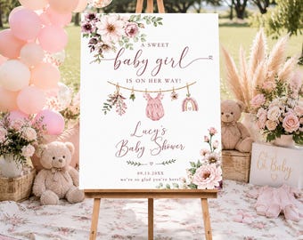 Personalized Baby Girl Shower Welcome Sign, Pink Floral Baby Shower Poster, Custom Girl Party Welcome Board, Boho Garden Shower Decor