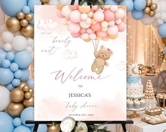 Personalized Baby Shower Welcome Sign for Jessica, Pink Bear Balloon Baby Party, Custom Nursery Sign, Photo Backdrop