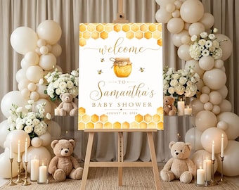 Personalized Honey Bee Baby Shower Welcome Sign, Sweet as Can Bee Poster, Honeycomb Party Board, Custom Yellow Bumblebee Shower Decor