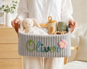 Personalized Baby Basket, Custom Name Nursery Storage Basket, Baby Shower Gift, Embroidered Baby Organizer Bin, Newborn Gift, Diaper Caddy