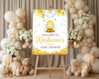 Personalized Honey Bee Baby Shower Welcome Sign, Oh Babee Yellow Floral Poster, Custom Bumblebee Party Board, Neutral Gender Reveal Decor