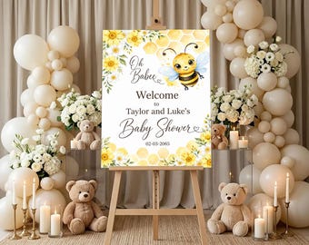 Personalized Honey Bee Baby Shower Welcome Sign, Oh Babee Yellow Floral Poster, Custom Bumblebee Party Board, Neutral Gender Reveal Decor