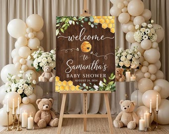 Rustic Honey Bee Baby Shower Welcome Sign, Personalized Wood Look Party Poster, Custom Bumblebee Honeycomb Decor, Neutral Shower Board