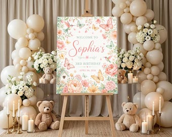 Personalized Baby Shower Welcome Sign, Custom Name Butterfly And Floral Design, Girl And Boy Nursery Party Print, Birthday Decor