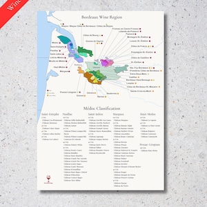 Può includere: Una mappa dettagliata della regione vinicola di Bordeaux, con un layout geografico a colori. La mappa evidenzia varie denominazioni, tra cui Saint-Estèphe, Pauillac e Margaux, con un elenco di châteaux classificati. Il titolo "Wine Study Map" è visualizzato.