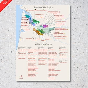 Op de afbeelding: Een wijnstudiekaart van de Bordeaux-regio, met een gedetailleerde geografische indeling, kleurgecodeerde gebieden en labels voor verschillende wijnbenamingen. De kaart bevat tekst zoals "Médoc Classification" en "Wine Study Map".