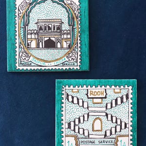 Jaipur White Gate Stepwell Magnetic Canvas Stamps • Hand-Painted Indian Art Pair