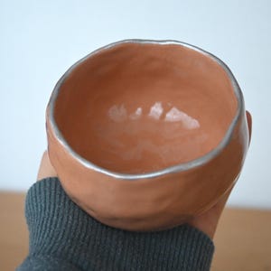 Könnte beinhalten: Eine handgefertigte, terrakottafarbene Keramikschale mit silberfarbenem Rand. Die Schale hat eine abgerundete Form und einen leicht unregelmäßigen Rand, was auf eine handwerkliche Herstellung hindeutet. Der Innenraum ist glatt, die Außenseite strukturiert.