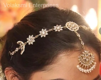 Matha Patti nupcial de perlas Kundan chapado en oro, Maang Tikka para bodas indias