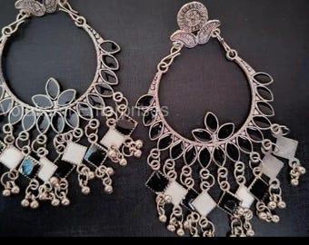 Oxidised Mirror Work Chandbali Earrings, Tribal Boho Statement Jewelry