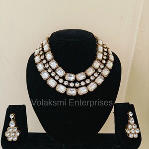 Conjunto de colar Kundan de três camadas, joias de noiva com pedra transparente, conjunto marcante para casamento indiano