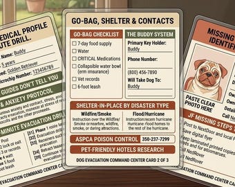 Dog Emergency Evacuation Planner Printable | 3-Card Pet Disaster Prep Kit | Go Bag Checklist | Missing Dog Flyer | PDF Instant Download