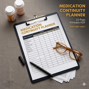 Op de afbeelding: Een zwarte clipboard met een medicatie continuïteit planner, een pen en een bril. De planner bevat secties voor medicatienaam, dosering en informatie over de verzorger. Twee medicijnflesjes zijn ook zichtbaar.