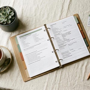 May include: An open planner with lined pages and tab dividers sits next to emergency contact cards, a pencil, a cup of tea, and a succulent plant in a dark gray pot. The planner is open to a page with detailed information.