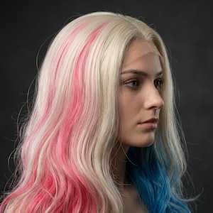 Blonde Split Color Cosplay Wig with Pink and Blue Ends, Heat Resistant Synthetic Anime Wig, Harley Style Costume Wig