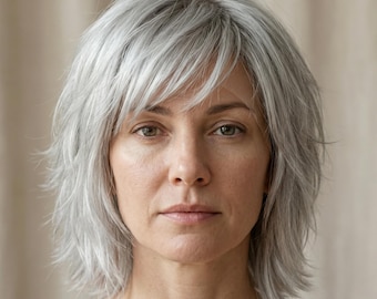 Silver Gray Pixie Shag Wig, Short Layered Synthetic Wig for Women, Realistic Feathered Daily Wear Wig