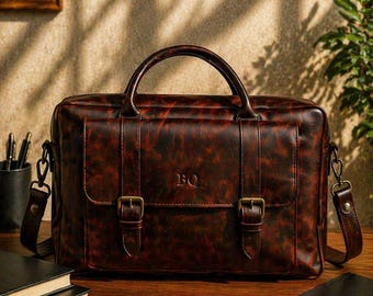 Leather Laptop Bag, Personalized Briefcase, Handmade Full Grain Leather Bag, Mens & Womens Work Bag, Custom Name Gift for Him