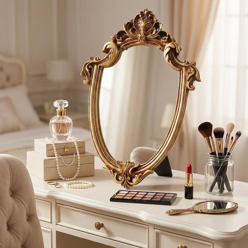 Vintage gold baroque mirror – Elegant decorative mirror – Flirty aesthetic mirror – Romantic bedroom decoration – Gift for women image 5