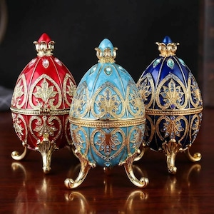 Vintage Imperial Egg Jewelry Box | Fabergé-Style Decorative Case | Elegant Gift for Women | Gold, Blue, and Red Metal Jewelry Box