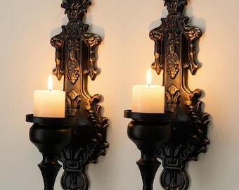 Lot de 2 appliques murales bougeoirs baroque | Décoration murale vintage | Porte bougies mural noir blanc. Déco élégante. Candle wall sconce
