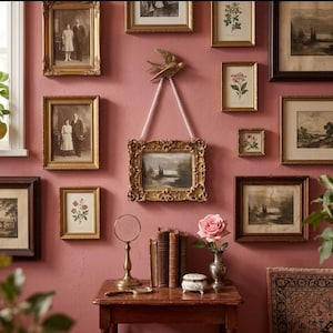 May include: A gallery wall featuring various framed art pieces and photographs on a dusty rose wall. A central gold ornate frame hangs from a gold bird wall hook by a white beaded string. A wooden table holds books, a magnifying glass, and a vase.