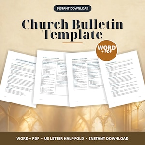 Peut inclure: Un modèle de bulletin paroissial numérique comprenant quatre pages blanches avec du texte noir, incluant des instructions, l'ordre du service et des guides de pliage. Un badge circulaire marron affiche le texte WORD + PDF. Le titre indique Church Bulletin Template.