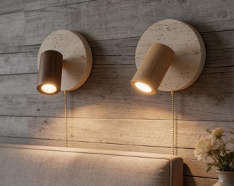Led Wall Lamp - Natural Stone Sconce Walnut Wood Accent Lighting Modern Decor Bedroom Living Room Cozy Atmosphere