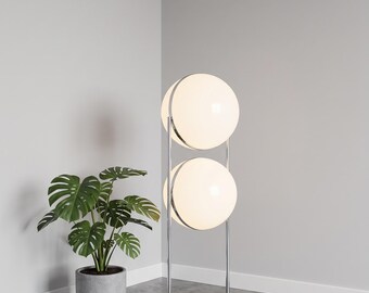 Lámpara de pie moderna con forma de esfera / Lámpara de pie con doble globo / Iluminación minimalista plateada para salón / Lámpara de esquina con esfera acrílica llamativa