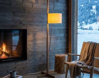 Lámpara de pie de madera de mediados de siglo / Lámpara de pie con pantalla de pergamino ajustable / Lámpara de lectura Japandi para sala de estar / Lámpara de dormitorio minimalista retro