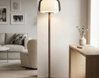 Mid Century Modern Floor Lamp | Scandinavian Standing Light | Wood & Glass Reading Lamp | Minimalist Living Room Decor | Bedside Lighting