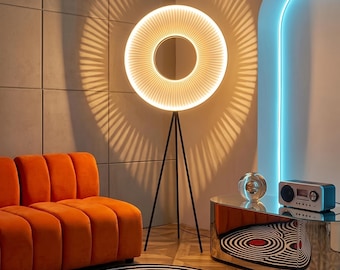 Lampadaire minimaliste | grande lampe sur pied | Anneau lumineux sculptural | Design nordique plissé | Éclairage d'angle moderne | Décoration de luxe