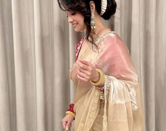 Designer Satin Saree with Valmoti Handwork Border & Embellished Blouse | Wedding Wear