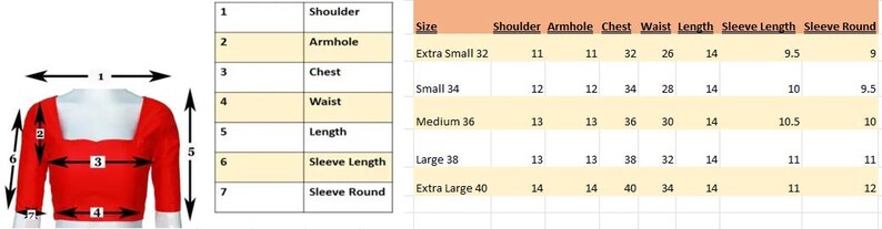May include: A red long-sleeve top with a square neckline. The image includes a size chart with measurements for shoulder, armhole, chest, waist, length, sleeve length, and sleeve round. Sizes range from Extra Small to Extra Large.