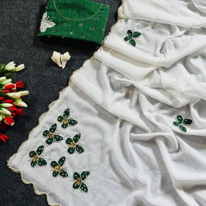 Trending Butterfly Handwork Georgette Saree with Cut Work & Butta Patch | Designer Blouse Included