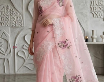 Crystal Organza Designer Saree with  Multicolor - Embroidery Party Wear & Ethnic Blouse