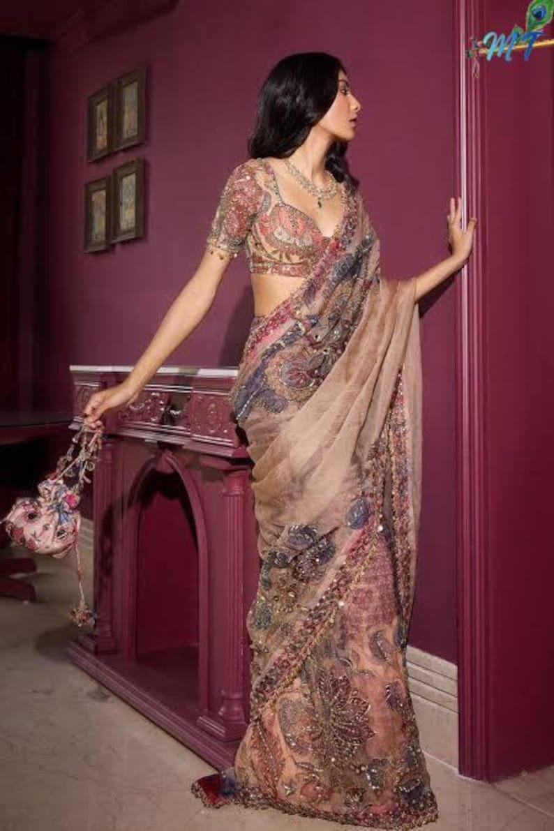 May include: A woman wearing a detailed, patterned saree with a matching blouse. The saree features intricate embroidery in shades of pink, gold, and blue. She is also wearing a necklace. The background includes a decorative cabinet and framed artwork.