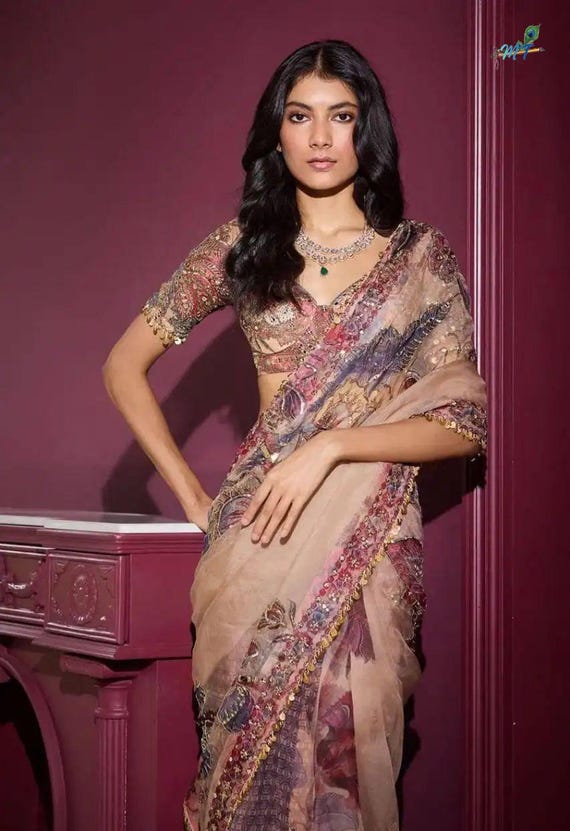 Celebrity Inspired Tabby Silk Saree with Digital Print, Mirror & Embroidery | Sequin Lace Border