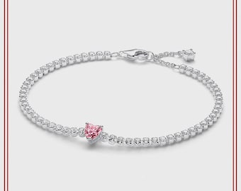 Pink Sparkling Heart Tennis Bracelet in 925 Sterling Silver, Simple Elegant Jewelry, Gift for Friend, Gift for Her, Birthday Gift