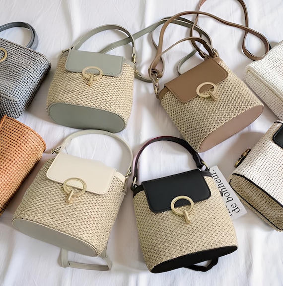 Mini Straw Bucket Bag, Leather Flap Crossbody, Quiet Luxury French Girl Purse, Gold Ring Closure Handbag, Mothers Day Gift