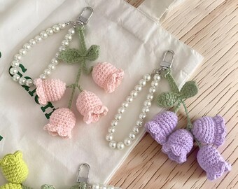 Lily of the Valley Bag Charm, Crochet Pearl Wristlet Keychain, Muguet Cottagecore Coquette Charm, Mothers Day Gift, 7 Pastel Colors