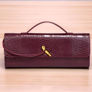 Python Embossed Baguette Clutch, Evening Bag with Top Handle, Detachable Crossbody Strap, Wedding Guest Cocktail Purse, Gold Rod Closure