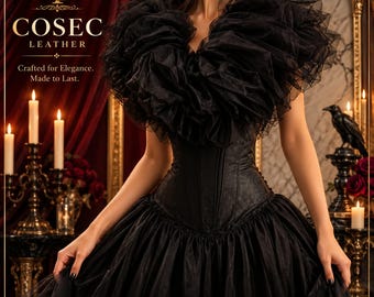 May include: A black corset dress featuring a voluminous, ruffled tulle neckline and a structured bodice. The text COSEC LEATHER, Crafted for Elegance. Made to Last. and Timeless Design • Premium Craftsmanship is visible on the image.