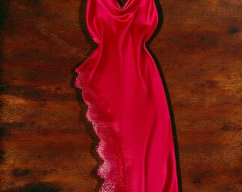 Vestido lencero de satén, ribete de encaje, cuello drapeado, bajo asimétrico, varios colores.