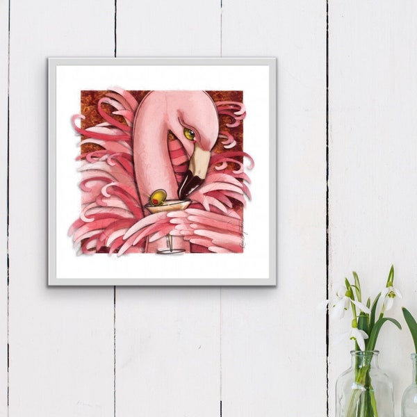 Pink  Martini Flamingo Fine Art Print, Cocktail Art 3 sizes